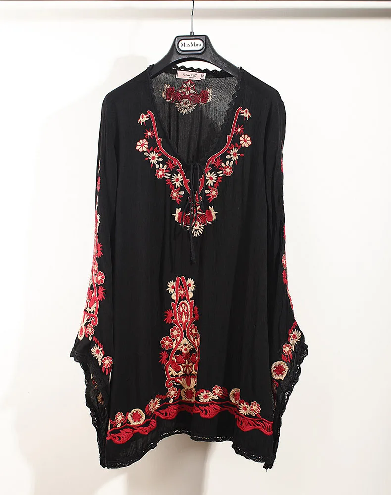 2021 New Arrivals Vintage 70s Ethnic Autumn Totem Print Embroidery Blouse Long Flare Sleeve Hippie Shirt Top Boho Pullovers 2