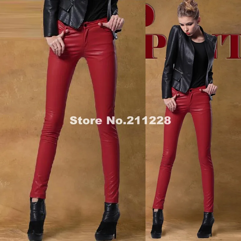 2017 Donne di Modo di Autunno Pantaloni Rossi, Casual vita Bassa Stretti  Acqua Lavato Pantaloni di Pelle PU, Avvio matita Ha Tagliato i Pantaloni  Per Donna|trousers for women|women red pantspu leather pants -