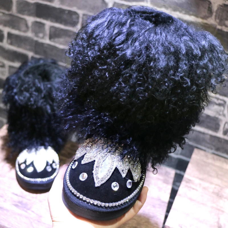 

2019 New European Station Net Red Star The same paragraph Rhinestone Leisure Wool Trifle Thick-bottomed short boots Lace Sticky