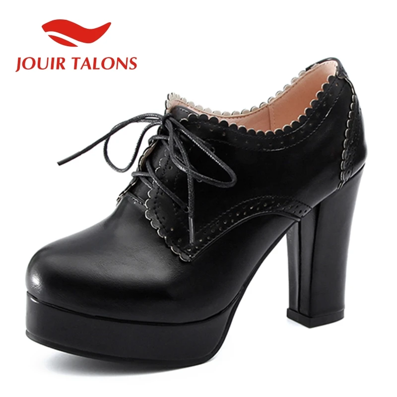 

JOUIR TALONS Women's Thick High Heels Lace Up Party Office Shoes Woman Round Toe Platform Pumps Big Size 32-43