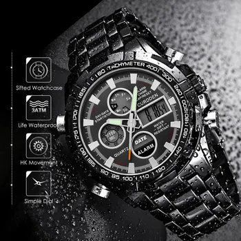 

Mens watches Luxury Waterproof Stainless Steel Sport Watch Dual Display Quartz Digital LED Sport Wrist Watches Relogio Masculino