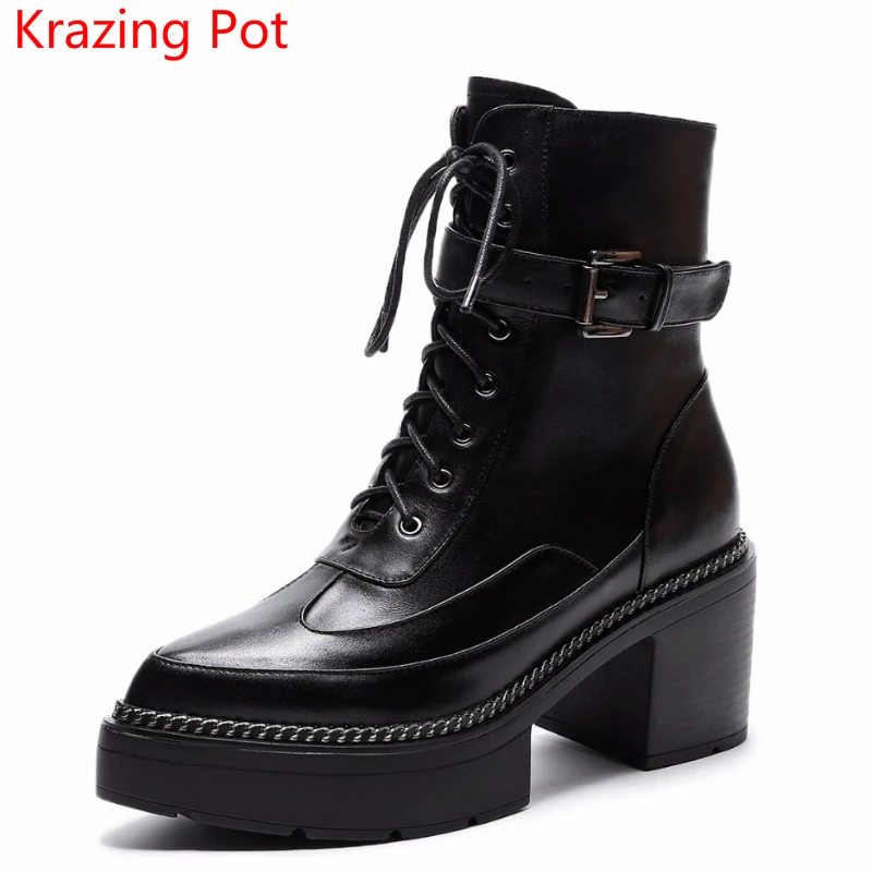 

Fashion Cow Leather Platform Pointed Toe Superstar Metal Buckle Winter Boots Lace Up Boots High Heels Women Mid-calf Boots L0f7