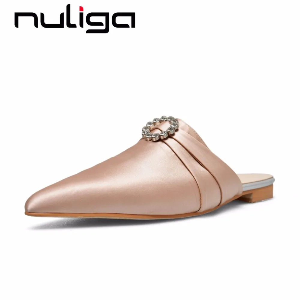 

Nuliga silk natural leather pointed toe slip on low heels woman mules pumps crystals buckle large size summer ladies shoes L85