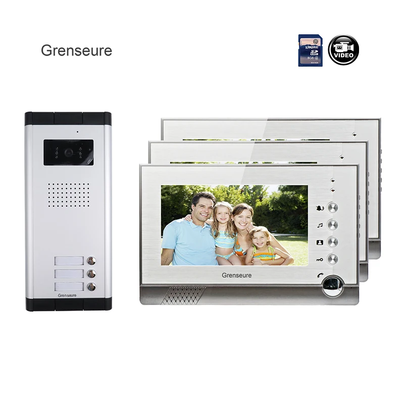 

Fress Shipping 7" Color Video Door Phone Intercom System + 3 Recorder Screen 8G + 1 Doo Intercom Camera for 3 Apartment In Stock