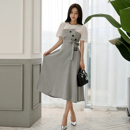 

2019 Summer Houndstooth Patchwork Fake Two Pieces Long Dress Women Temperament Plaid Robe Korean Midi Dreeses Elegant Drawstring