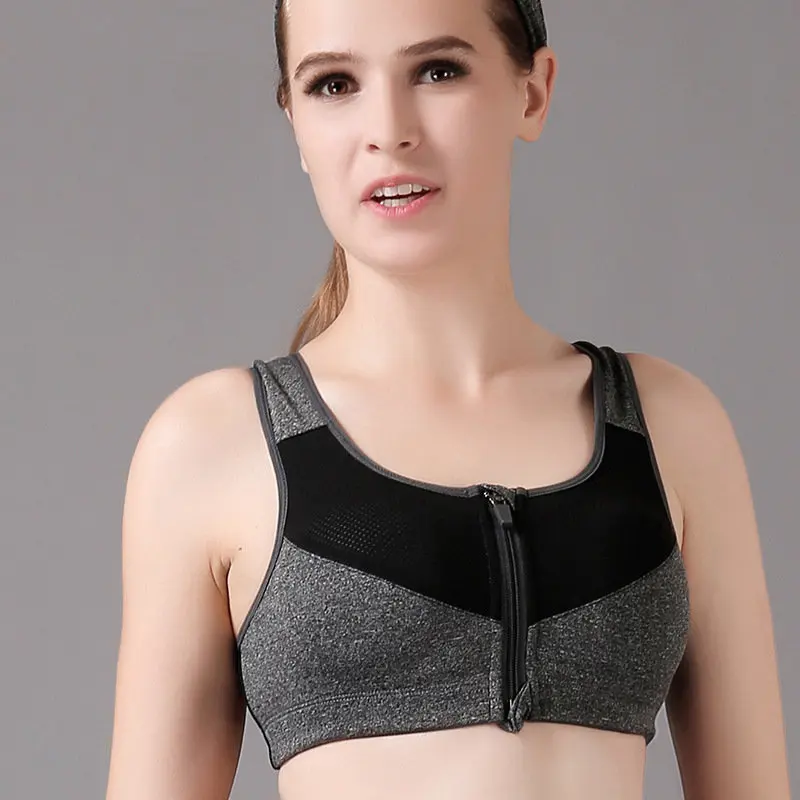 Women Sports Bra Zipper Front Padded Push Up Shockproof Crop Top Quick