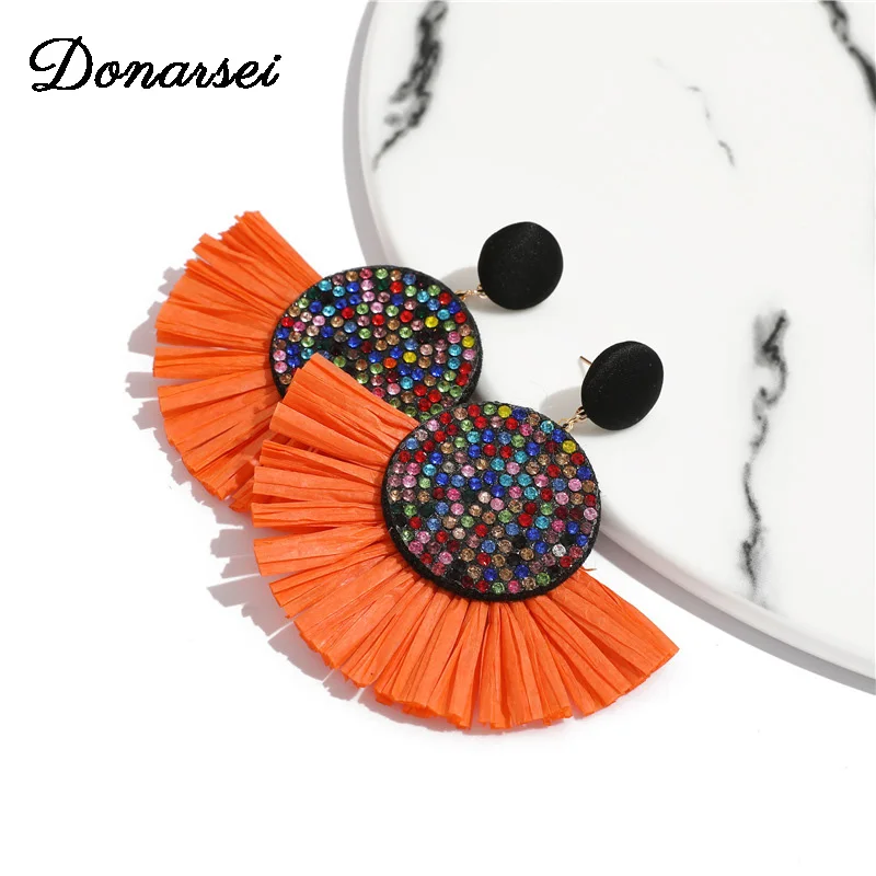 

Donarsei Bohemian Sector Lafite Tassel Earrings For Women Colorful Rhinestone Fringe Drop Danging Earrings Boho Jewelry