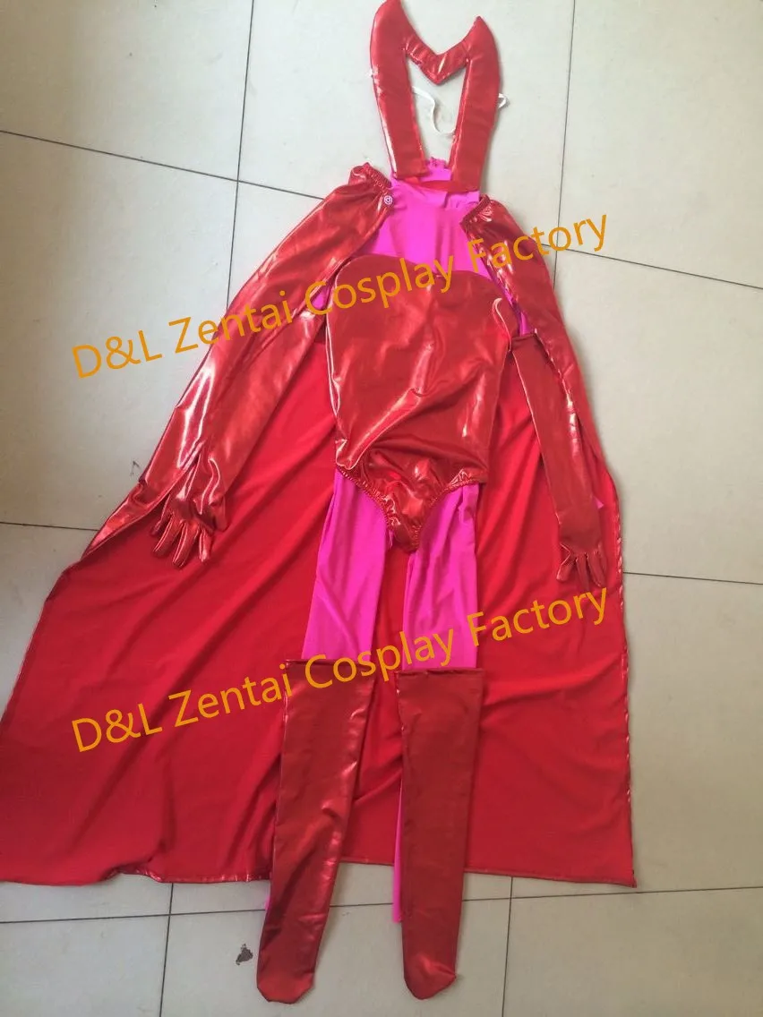 Free Shipping DHL 2014 Sexy X- Men Scarlet Witch Costume Two Pieces Red Shiny Metallic Halloween Cosplay Costume With Cloak