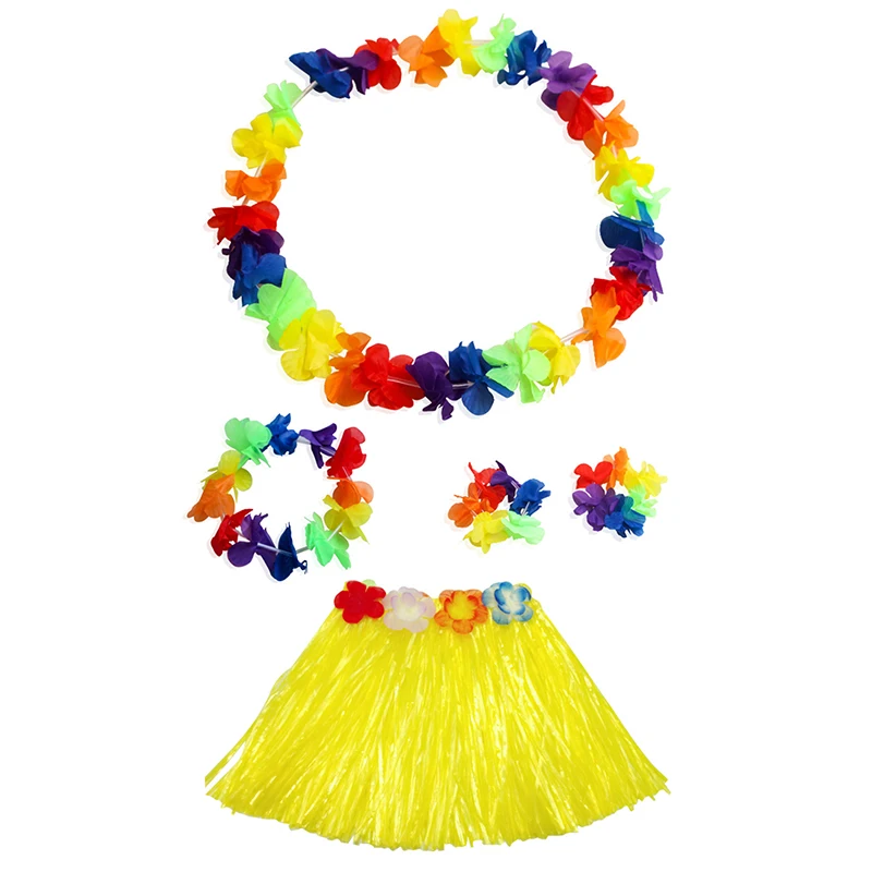 

Kids Girls Hawaiian Grass Lei Skirt Flower Hula Skirts Dance Grass Dress costume Wristband Garland Fancy Party Costume Suit