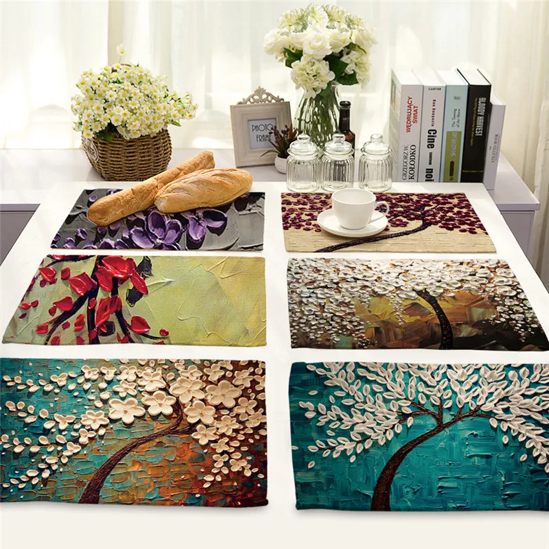 3D Tree Flowers Pattern Placemat Cotton Linen Dinner Table Mats Table