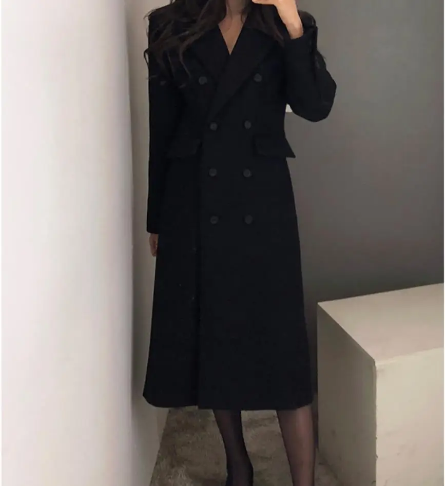 Осень и зима новое модное тонкое шерстяное пальто женское длинное черное шерстяное пальто