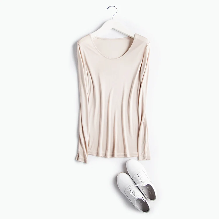 Женская Базовая рубашка из натурального шелка, одноцветная футболка с длинными рукавами и круглым вырезом, топ из натуральной ткани, новинка весны