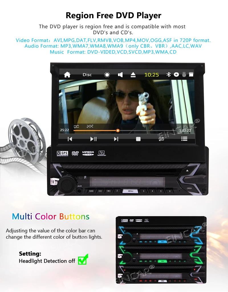 Single Din Car DVD Player Bluetooth GPS Navigator Digital Motorized Detachable 7" Inch Multi-touch Screen Head Unit FM/AM Radio