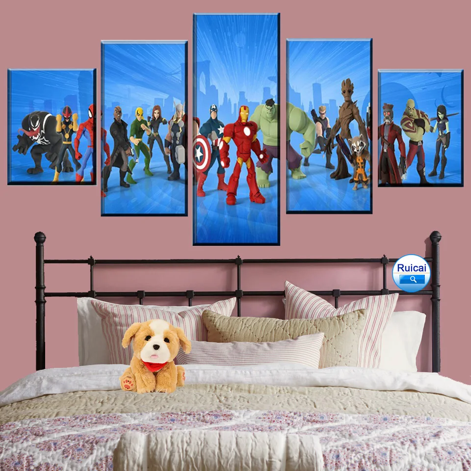 

Superhero cartoon painting 5 pieces HD print poster wall artist residence decoration modular frame picture