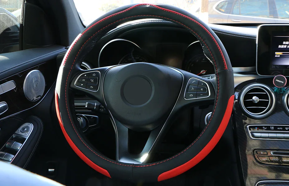 Details about   Universal Black Genuine Leather Exquisite Car Steering Wheel Cover&Red Thread 