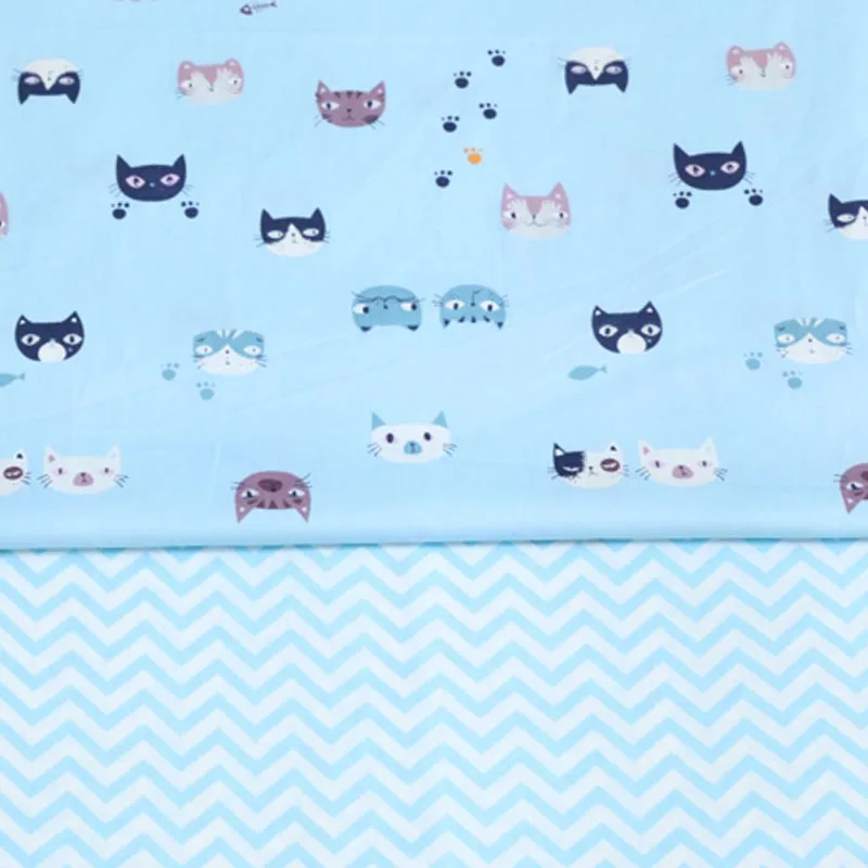 

100% cotton twill cloth BLUE cartoon cute cat chevron fabrics for DIY crib bedding tent cushions apparel quilting handwork decor