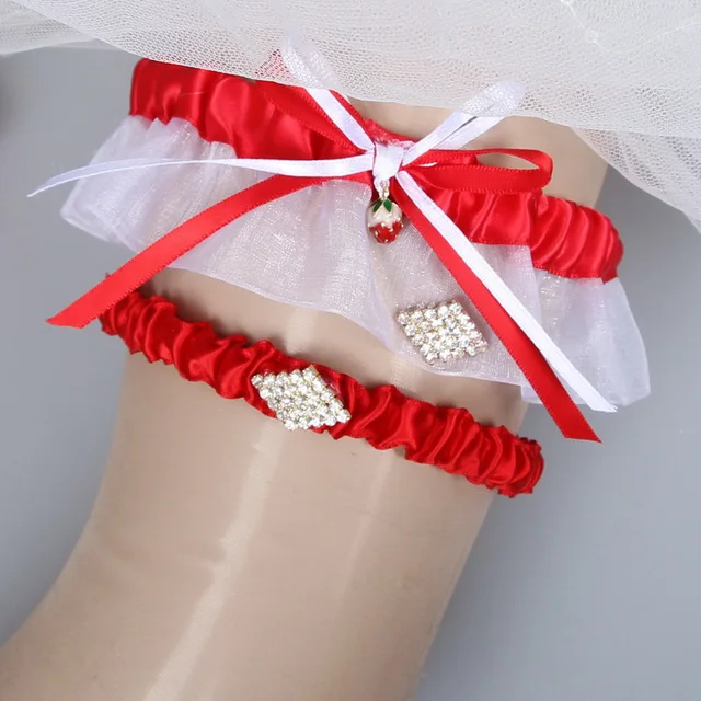 Red Satin Garter Belt Set Vintage Leg Ring Strawberry Bow Crystal