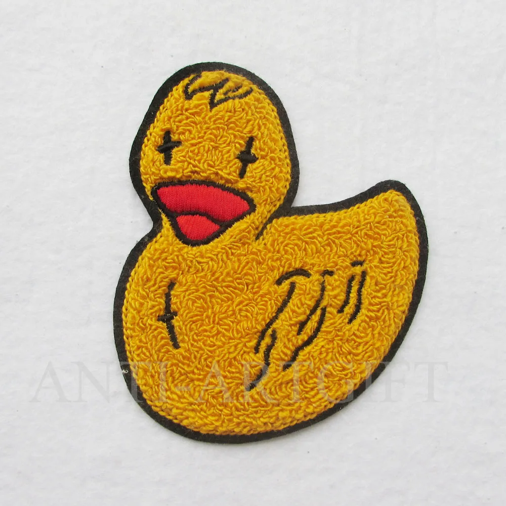 

Custom 100% Chenille Patch Yellow Duck Felt red Mouth OEM Service 4"Laser cut sew on the back