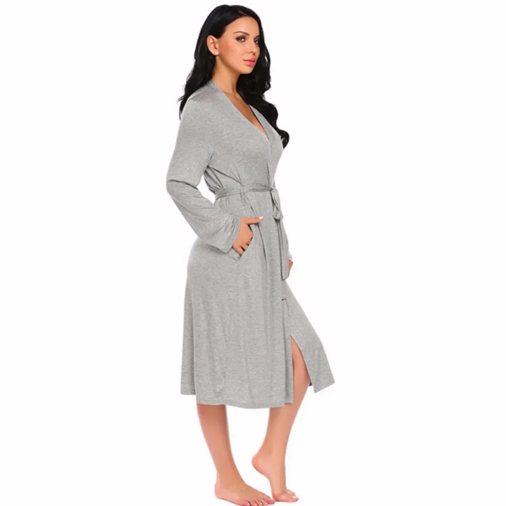 Ekouaer длинный женский халат, пижама с длинным рукавом, однотонное кимоно, комфортный халат, спа халаты, ночной сексуальный халат, ночное белье, S-XXL