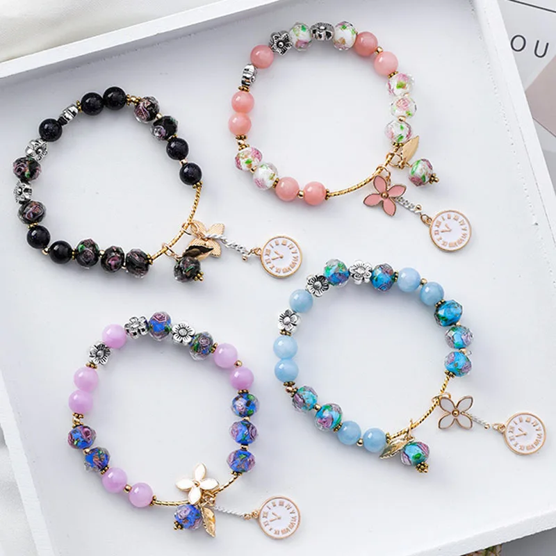 

Japan Korean Fashion Vintage Crystal Beaded Bracelet Ethnic Clock Leaves Flower Pendants Bracelets for Women Girls Charm Jewelry