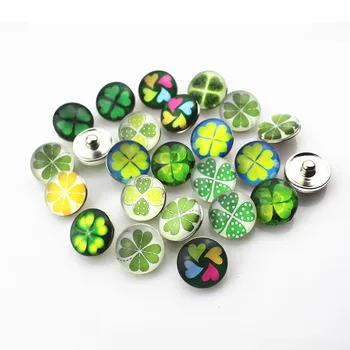

New desingn 50pcs/lot Four Leaf Clover plant Snap Button Print Glass Snap Charms Fit 18mm DIY Ginger Snap Bracelet Jewelry