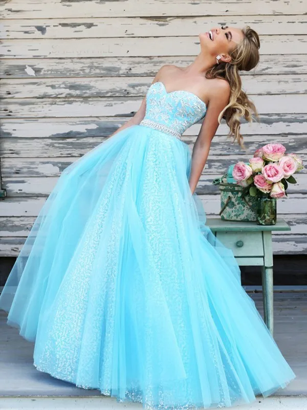 

Light Sky Blue Sparkle Crystal Special Occasion Long Prom Dresses 2019 Evening gown A-Line Sweetheart Neck Dres free shipping