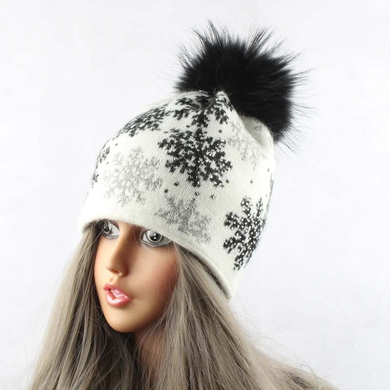 Новые зимние шапки для женщин, вязаная шапка из кроличьего меха со снежинками, жаккардовый головной убор, шапка с натуральным мехом и помпоном
