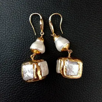 

White Keshi Pearl Square Pearl Golden Plated Hook Earrings