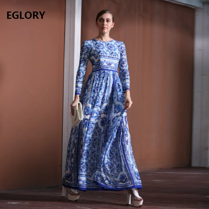 

New Plus Size 7xl 6xl 5xl 4xl 3xl Evening Party 2018 Spring Autumn Women Vintage Porcelain Print Long Sleeve Elegant Maxi Dress