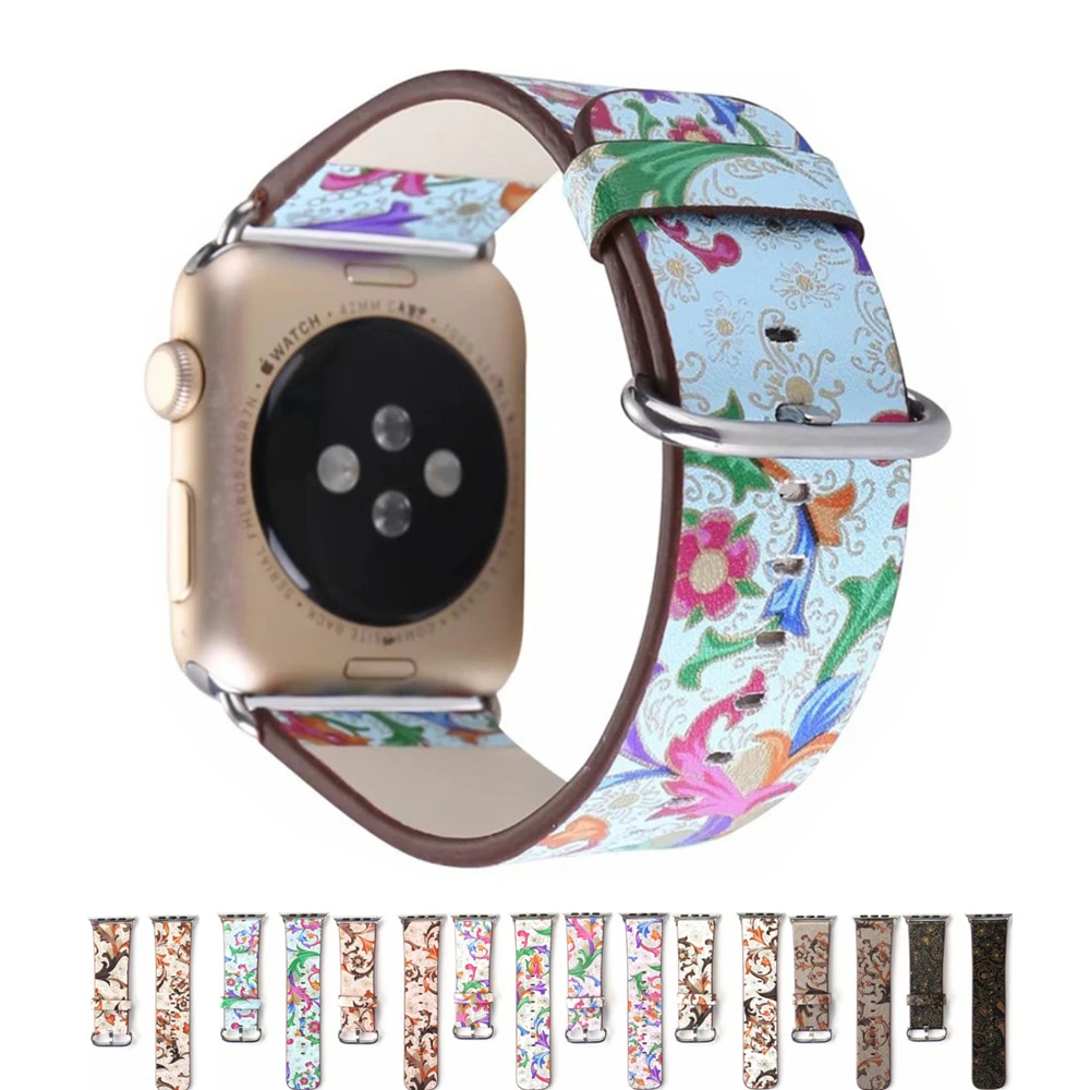 

CRESTED leather strap For Apple Watch band 44mm 40mm iwatch series 4 3 2 1 Vintage Flower Print wrist bracelet straps clock belt