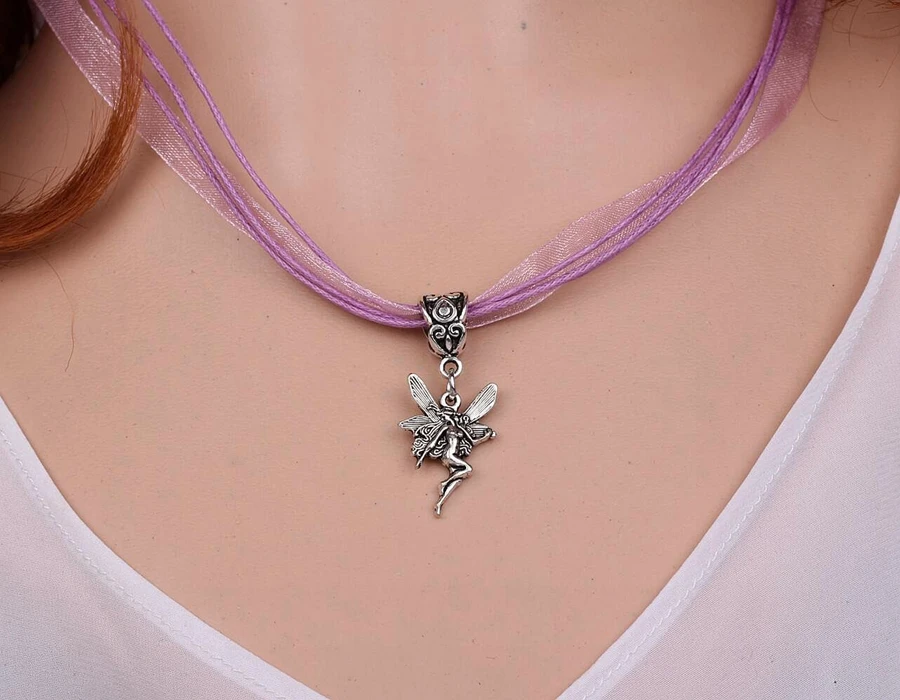 Vintage Silver Angel Fairy Necklace Pendant Charm Mixed Organza Rope