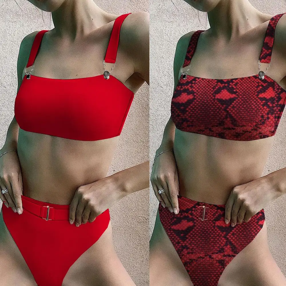 

Sexy Leopard Red Bikini 2019 Splice Buckle Swimwear Women Bandeau Swimsuit Female Thong Bathing suit Summer Wear