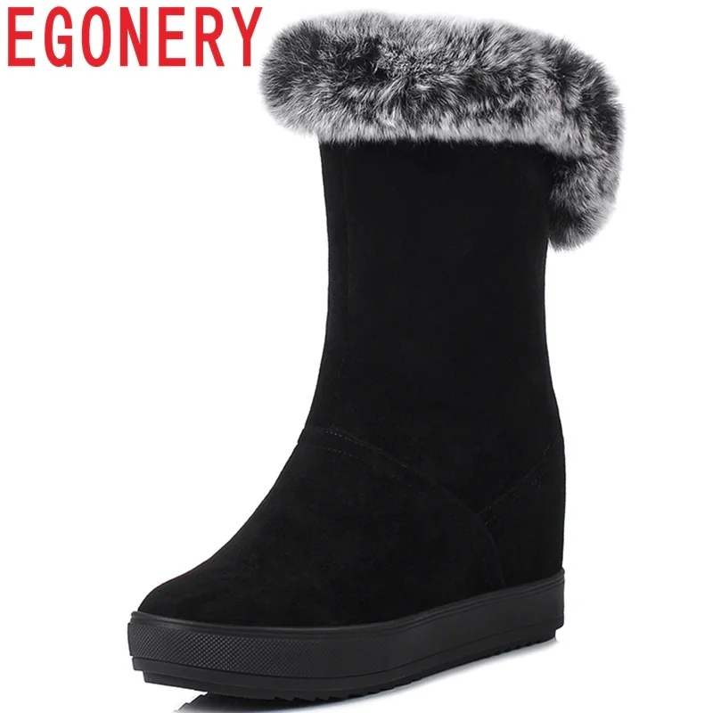 

EGONERY women shoes 2018 winter new fashion flock snow boots high height increasing platform round toe slip-on mid calf boots