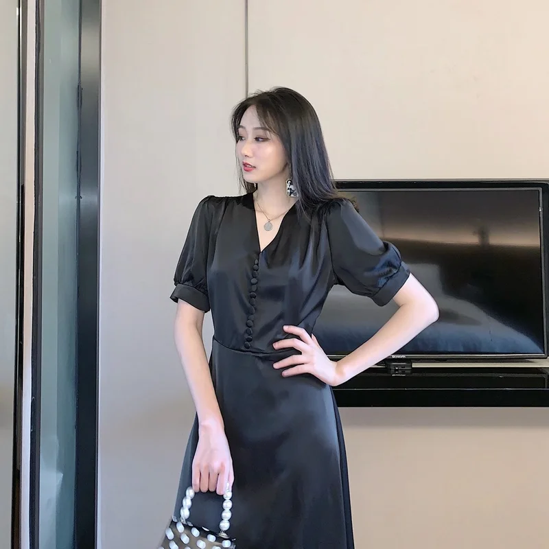 Женская одежда летнее платье новое корейское шикарное винтажное Элегантное Длинное однотонное тонкое сатиновое платье с v-образным вырезом vestidos de fiesta noche