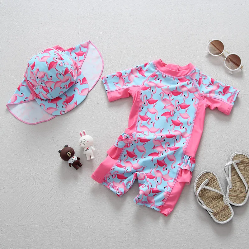 Купальный костюм для девочек Наивысшее качество UPF50+ солнцезащитный детский купальный костюм для девочек с рисунком фламинго, одежда для купания для маленьких детей, пляжная одежда