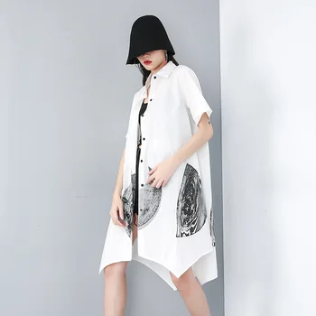 

Women Summer Print Short Sleeve Shirt Cardigan Female Streetwear Hip Hop Loose Casual Irregular Shirt Dress Plus Size Blouse