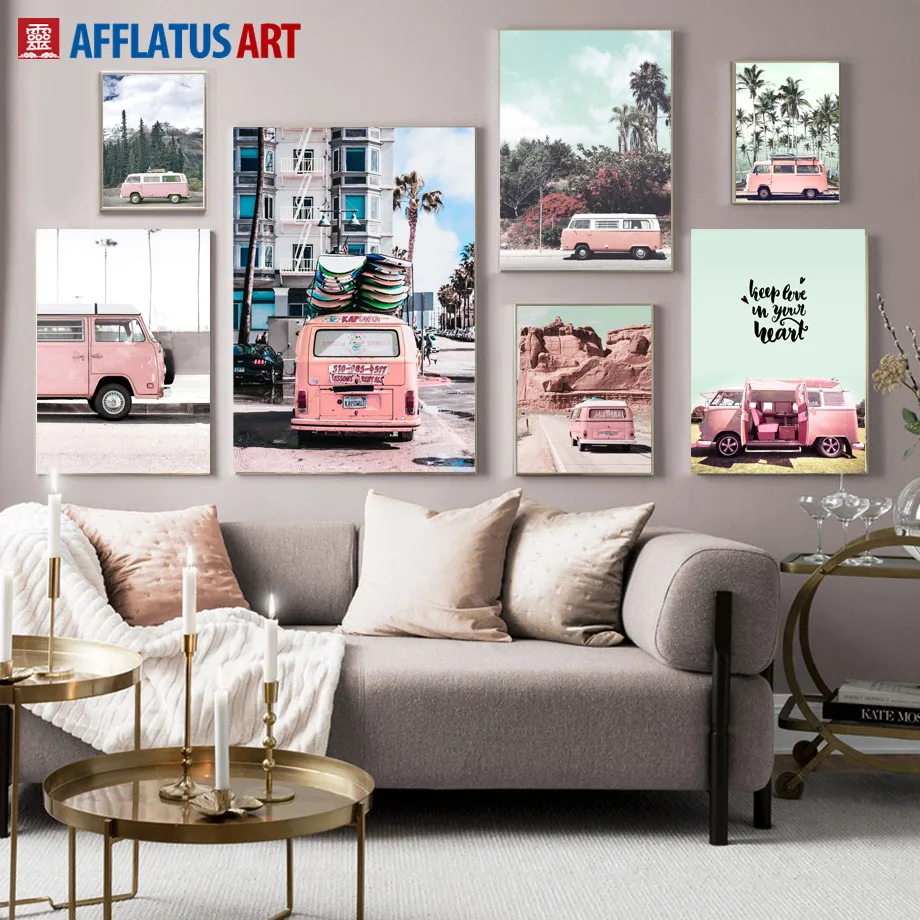 Розовый автобус лес небо море кокосовое дерево настенный Арт холст живопись скандинавские плакаты и принты настенные картины для гостиной домашний декор