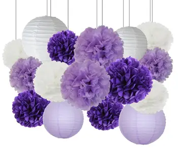 

16pcs/set Tissue Paper Flowers Ball Pom Poms Mixed Paper Lanterns Craft Kit Lavender Purple Babyshower Decor Wedding Decorations