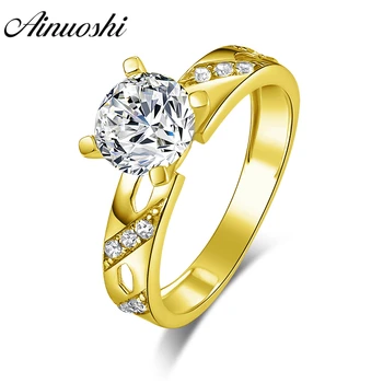 

AINUOSHI Classic 4 Prongs Stripes Band Ring 14K Solid Yellow Gold 7mm SONA Diamond CZ Women Wedding Engagement Hollow Ring