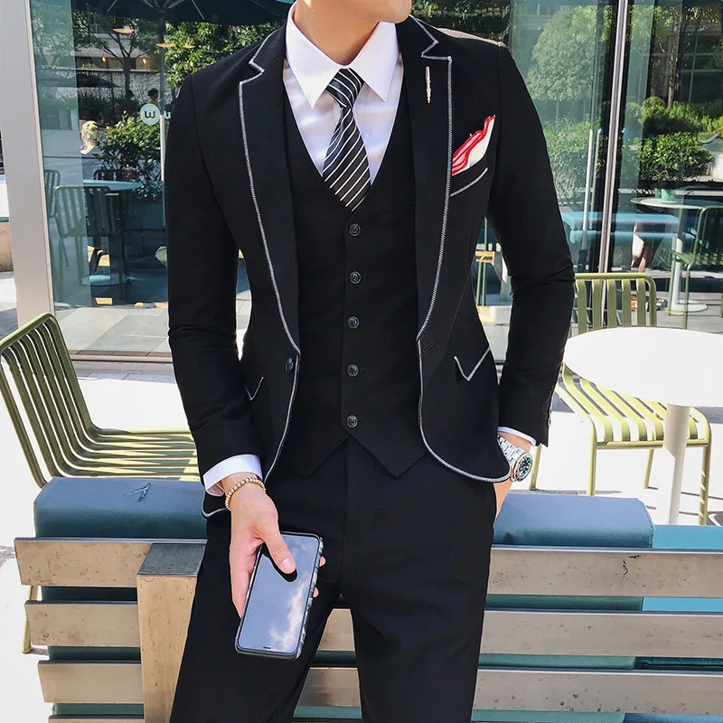 3 шт. высокое качество деловой мужской костюм абсолютно новый Slim Fit однотонная