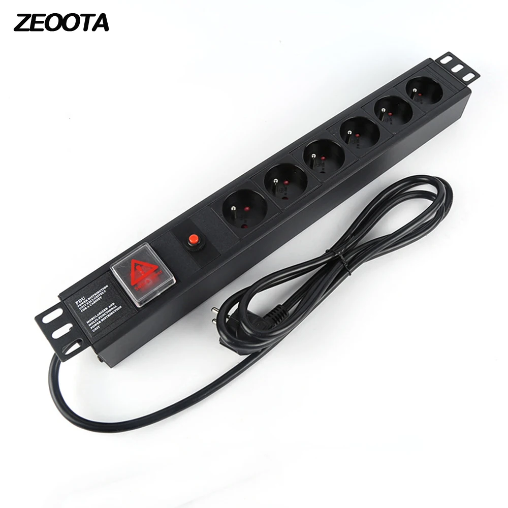 

PDU Network Cabinet Rack Power Socket 1U Aluminum Alloy 6 way French Plug Power Strip EU Outlets Overload Protection Switch