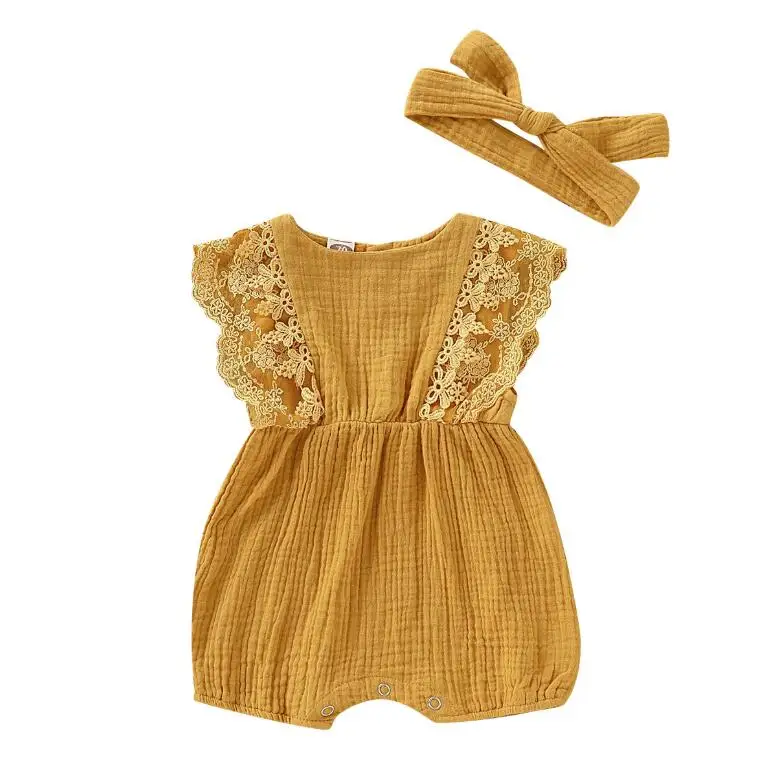 

Baby Girls Lace Romper Set Ruffle Sleeve Solid Color Onesie with Headband Bodysuits Bowknot Tassels Jumpsuit Sunsuits Outfit