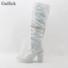 Пикантные сапоги до колена с блестящими стразами; женские сапоги до колена с острым носком на не сужающемся книзу массивном каблуке; стразы; зимние модельные сапоги