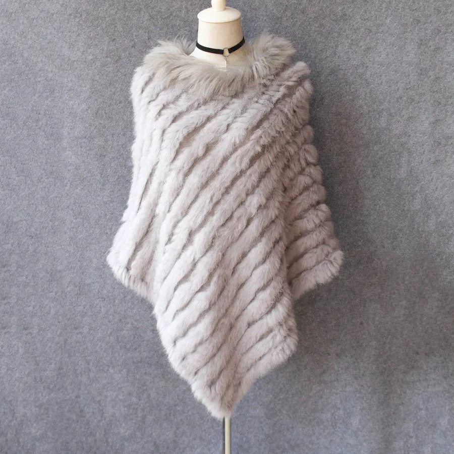 genuine knitted rabbit fur poncho with raccoon fur collar real fur shawls and wraps big size