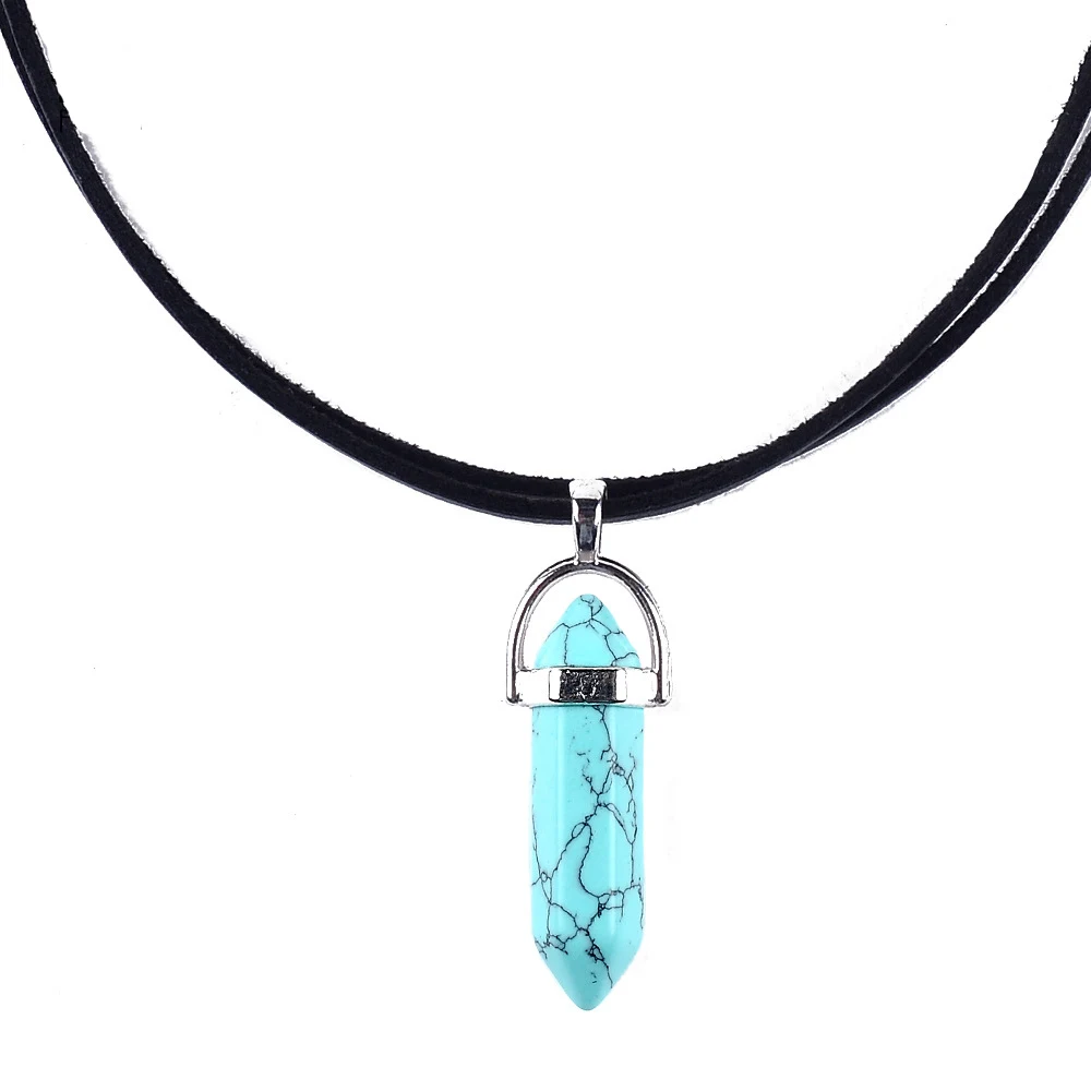 2018 New Arrival Leather Choker Necklace Black Color Natueal Stone Pendant Necklace Hexagonal Column Quartz Necklaces (7)