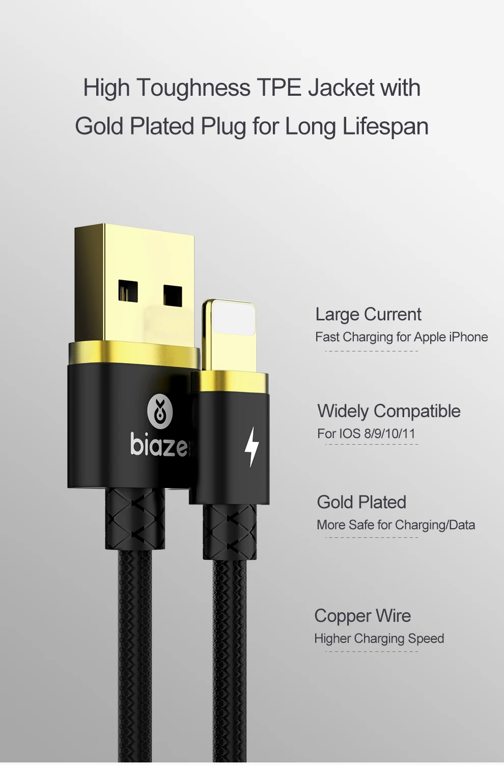 USB кабель Biaze 1,2 м для iPhone X XS MAX XR 8 7 6 5 6s S plus, кабель для быстрой зарядки, зарядное устройство для мобильного телефона, usb-кабель для передачи данных