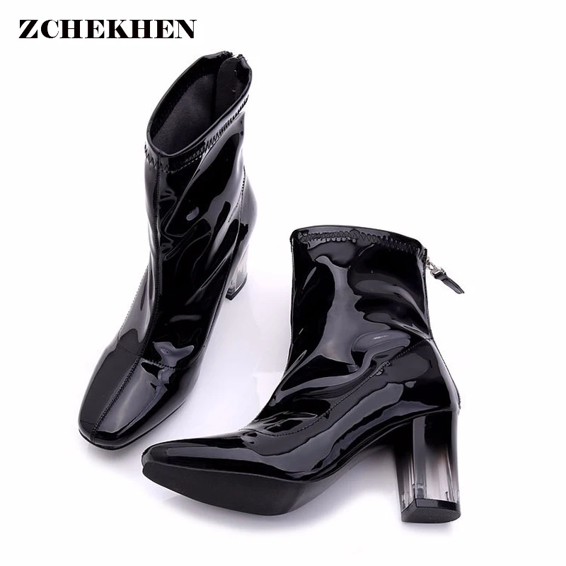 

Patent Leather Shoes Women Ankle Boots Autumn Crystal Thick High Heel Martin Boots Zipper Winter Kardashian Chunky Sock Boots