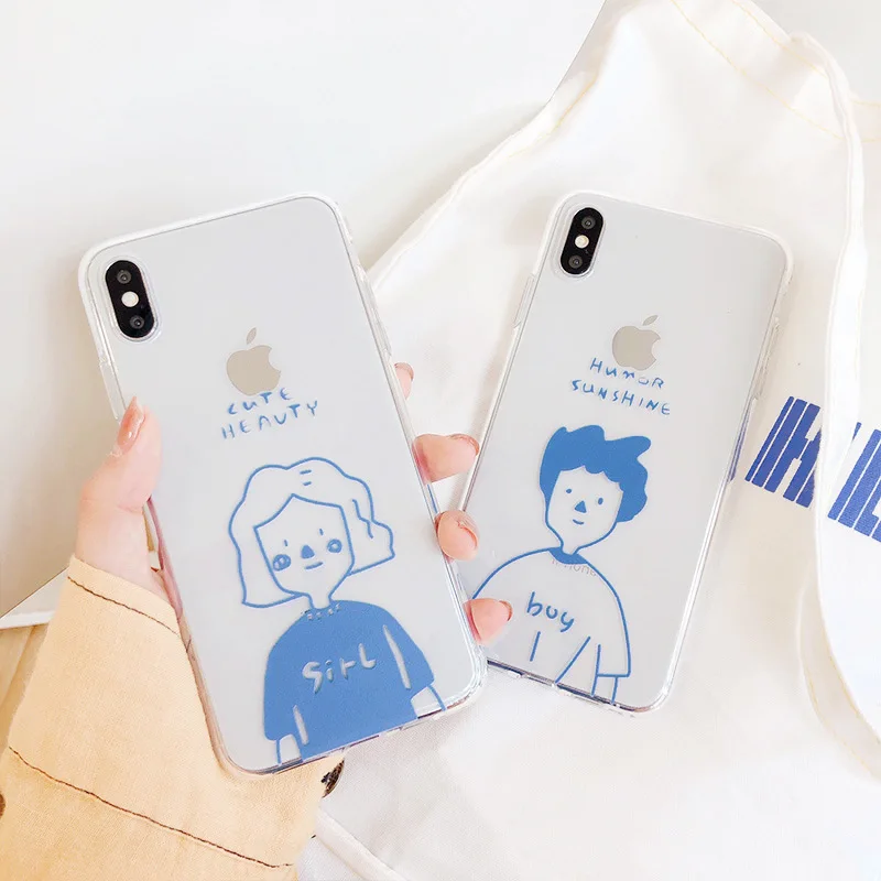 

HKGK 2019 Hand Painted Boy Girl Transparent Cases For iPhone 6 6s X 7 8 Plus XR XS MAX Clear Soft TPU Case Back Cover