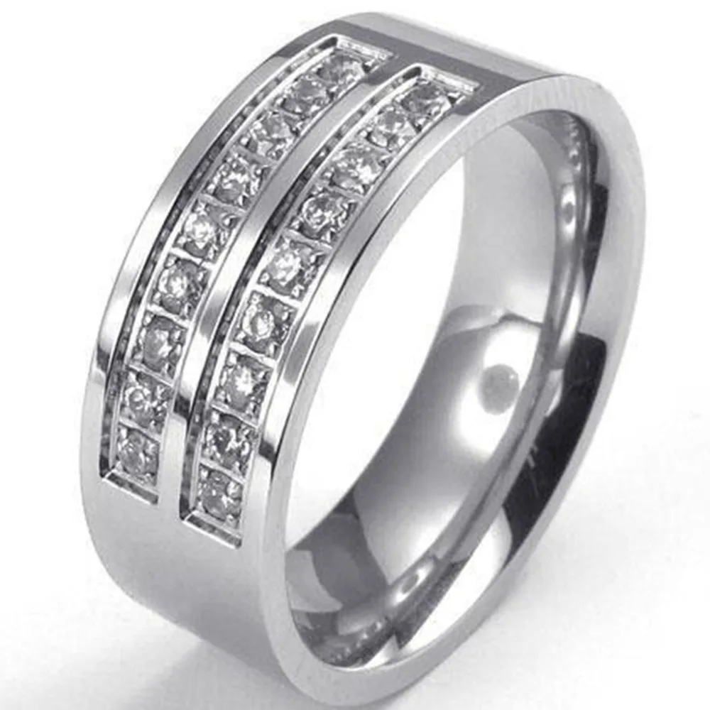 

Men Husband 10MM Size7-15 Stainless Steel Wedding Engagement Ring Band Crystal CZ Inlay Polished Statement Cocktail Anniversary