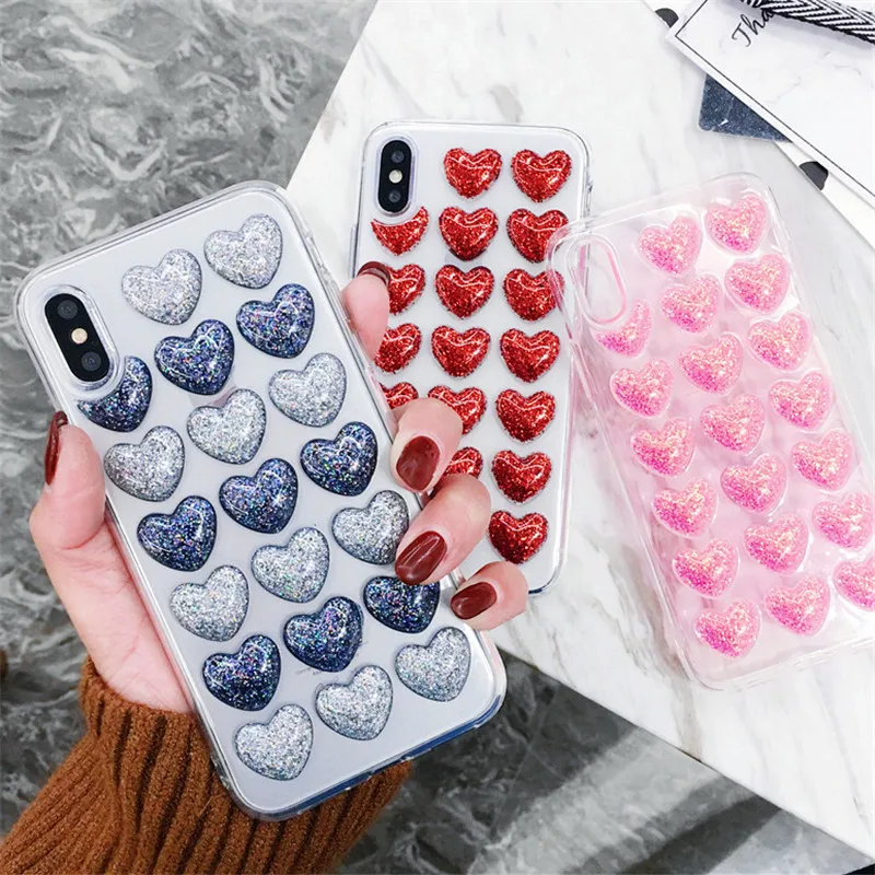 

HereCase For Fashion 3D Heart Glue TPU Silicon Body Case for iPhone 6 6S 7 8 Plus X Back Cover Loves Sequins Soft Phone CASE